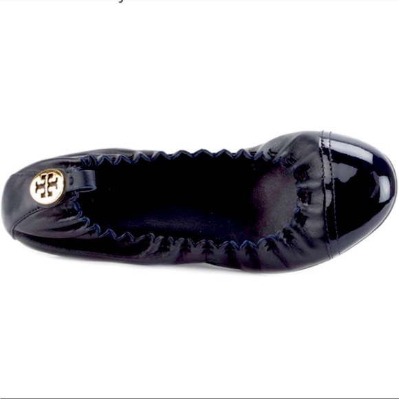 Tory Burch Abbey Black Leather Patent Metallic Toe Logo Ballet Flats, 7.5 - Picture 2 of 6